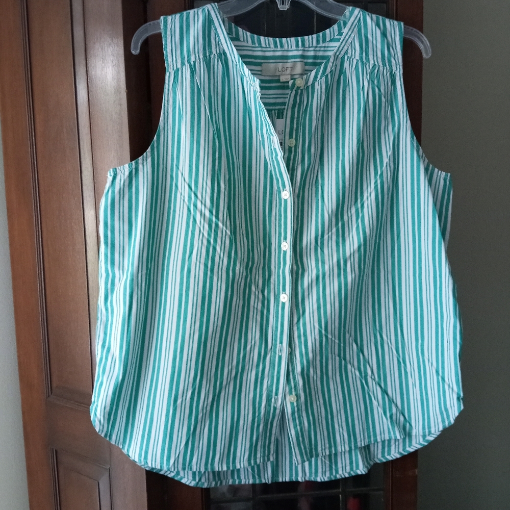 LOFT Green and White Striped Button Down Shirt